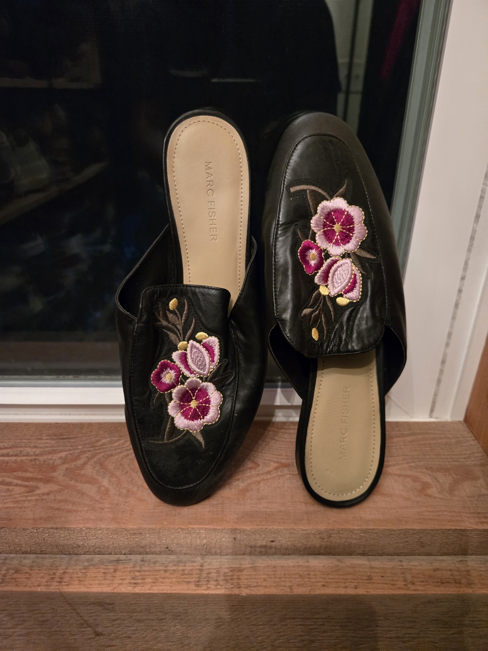 Marc Fisher Black Leather Slip-On Mules with Pink Floral Embroidery